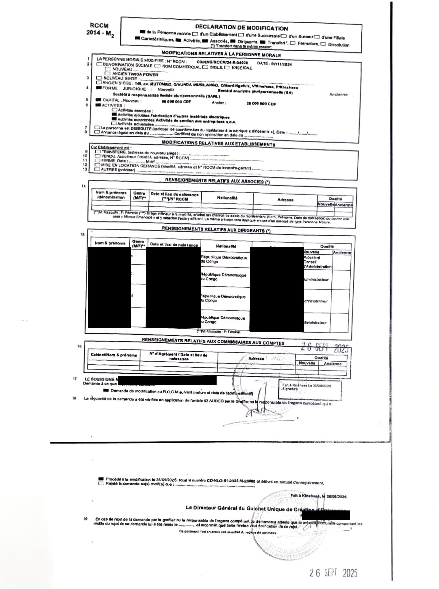 Déclaration de modification au RCCM de TWIGA POWER, données personnelles masquées
